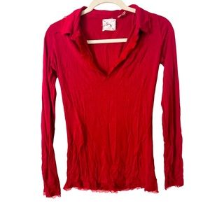 LinQ V-Neck‎ Collared Long Sleeve Top in Red
